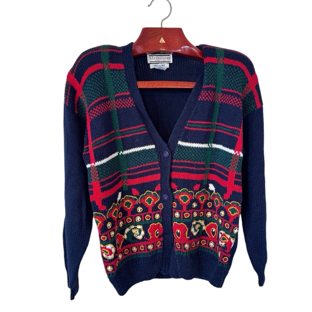 Melbourne Classix Cardigan Sweater Hand Knit Navy Blue Plaid Preppy Christmas